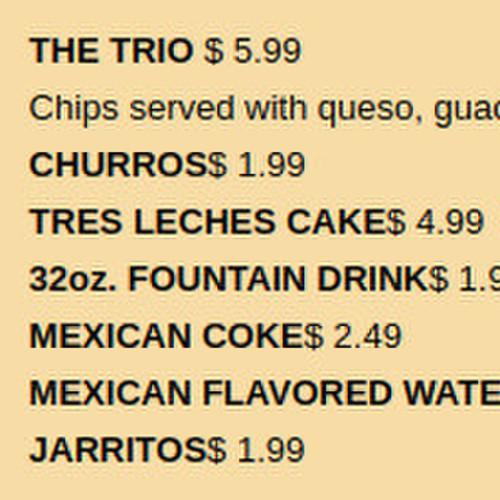 Tacos Y Mas menu in Dallas, Texas, USA