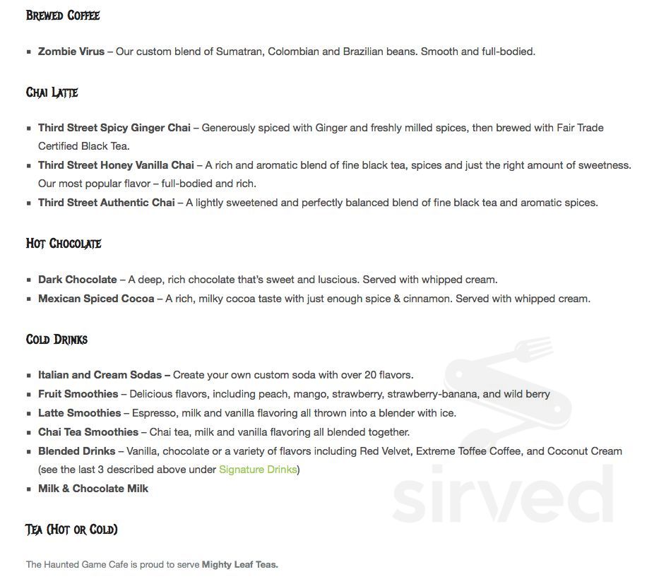 Hunted Cafe Menu Menu - Fort Collins CO's The Haunted Game Cafe | Sirved