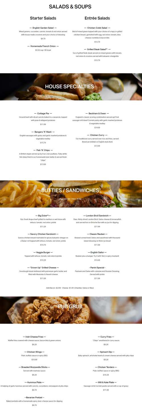 Penny Lane Pub menu in Richmond, Virginia, USA