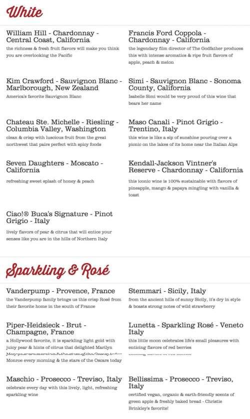 Buca di Beppo Italian Restaurant menu in Celebration, Florida, USA