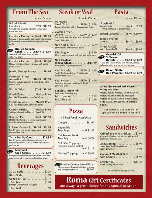 Roma Restaurant menu in Haverhill, Massachusetts, USA