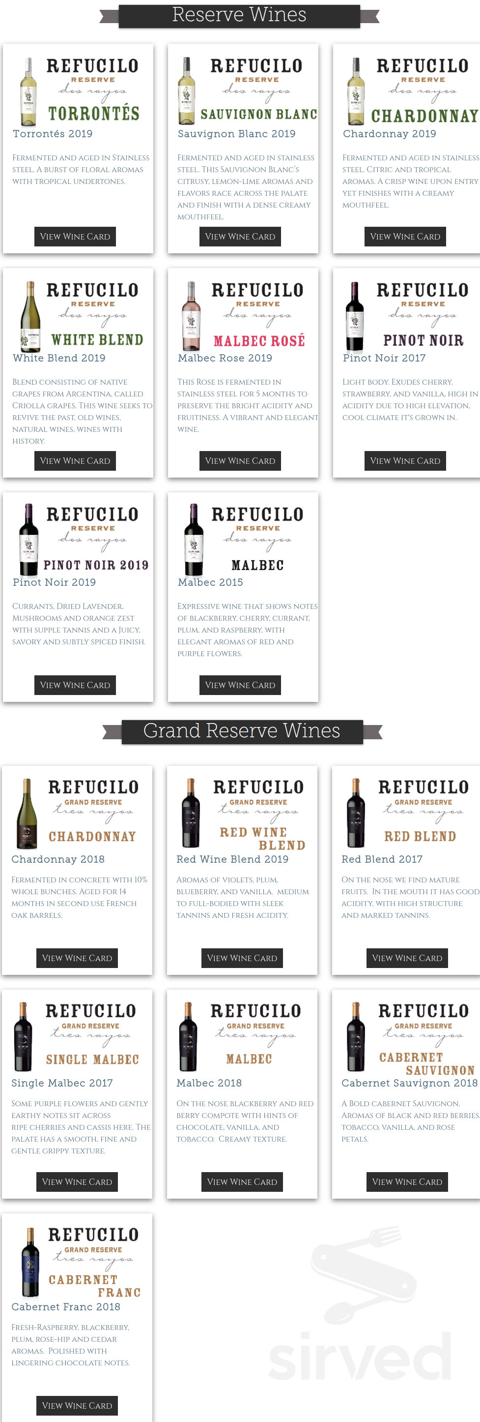 Refucilo Winery menu in Pittsburgh, Pennsylvania, USA