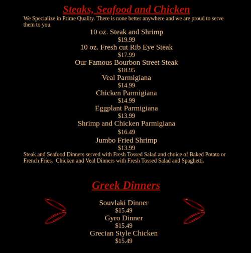 The Mad Italian Pasta & Steak House menu in Petersburg, Virginia, USA
