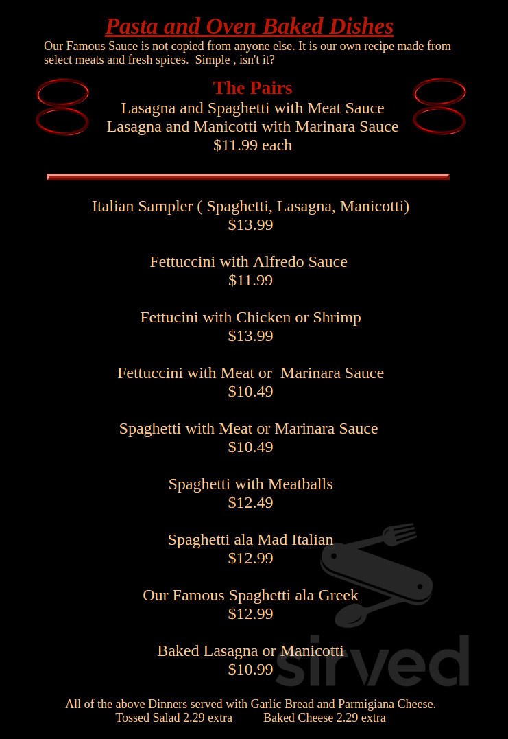 The Mad Italian Pasta & Steak House menu in Petersburg, Virginia, USA