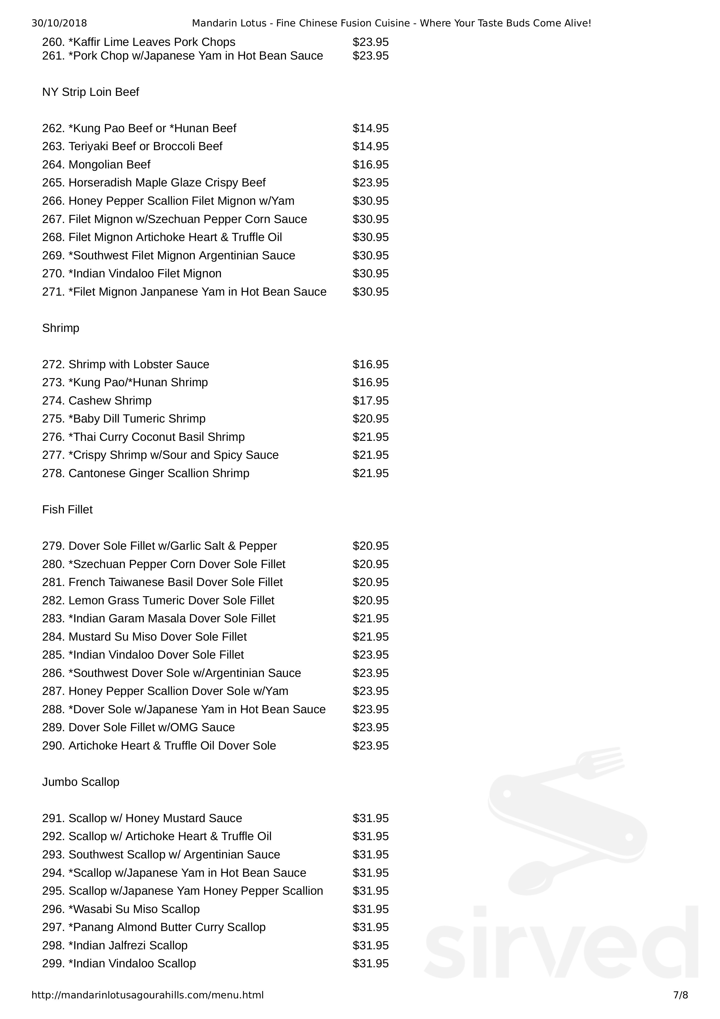 Mandarin Lotus Fine Chinese Fusion Cuisine menu in Agoura Hills