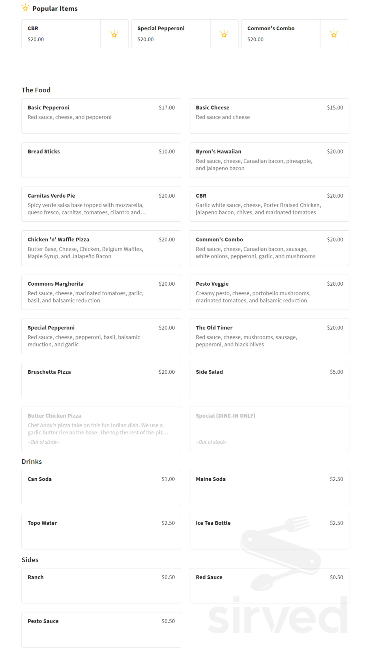Menu for The Commons Social Empourium in Chico, California, United States