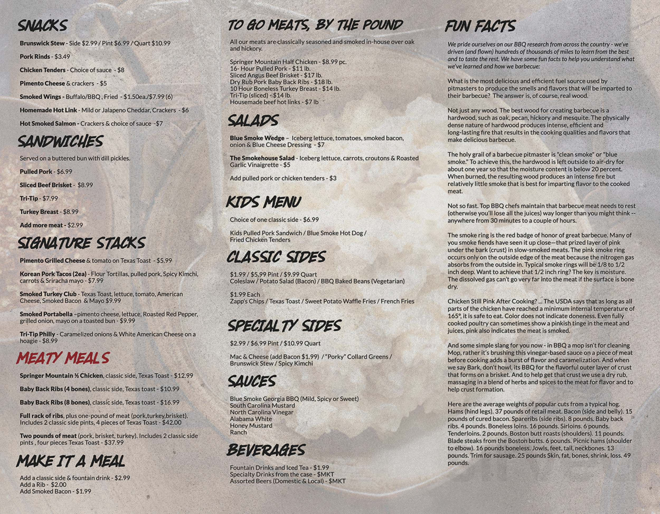 Blue Smoke World Famous Barbeque Menu In Blue Ridge Georgia USA
