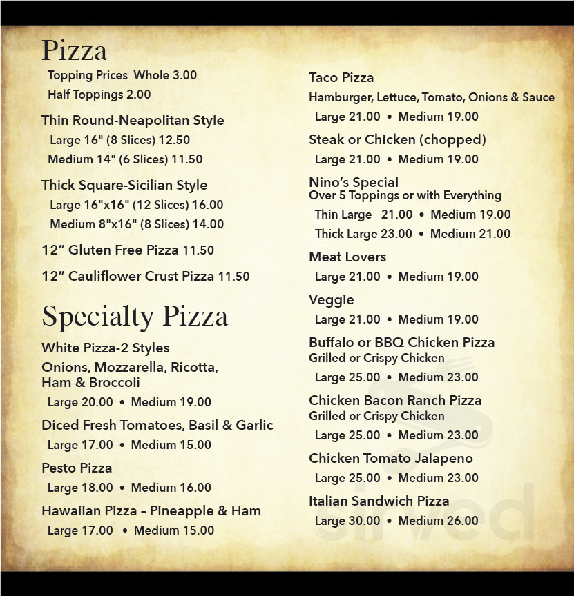 Ninos pizza & Italian restaurant menu in Reading, Pennsylvania, USA