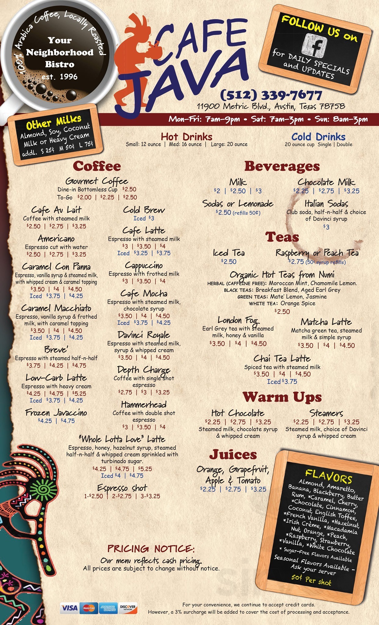 price cafe javas menu