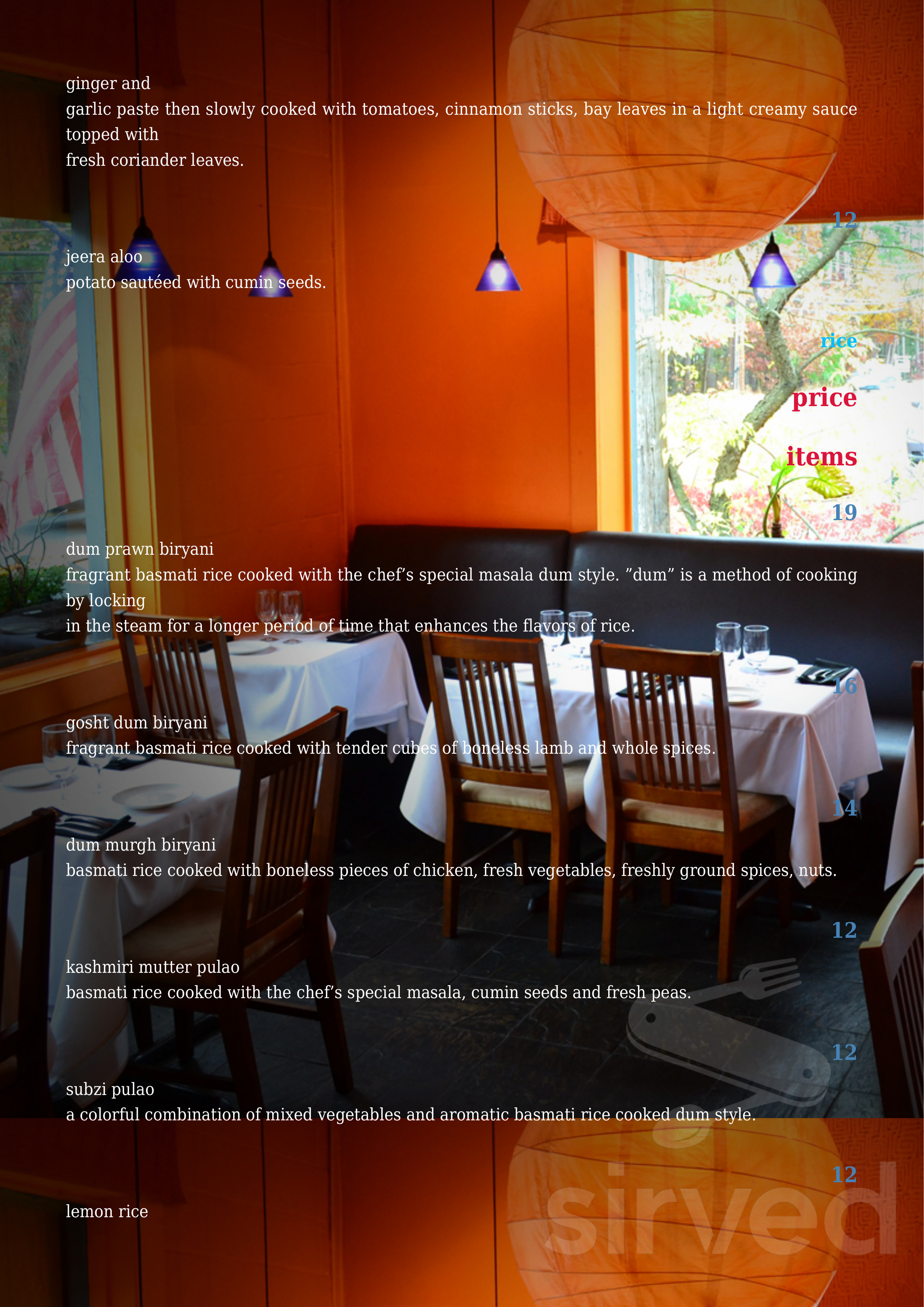 Paani Indian Cuisine menus in Sudbury, Massachusetts, United States