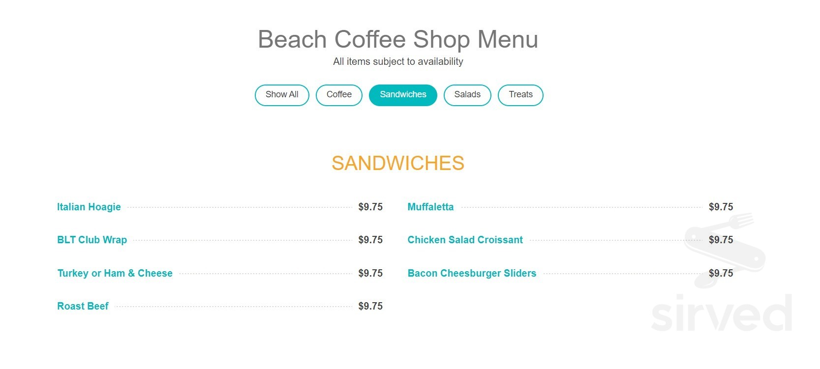 Beach Coffee Shop menu in Gulfport, Mississippi, USA