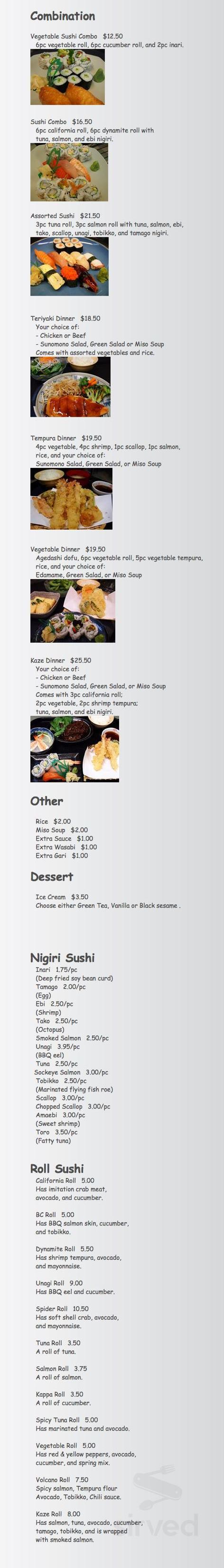 Kaze Japanese Restaurant menu in Enderby, British Columbia