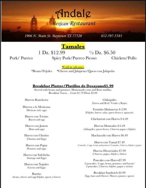 Andale Mexican Restaurant menu in Baytown, Texas, USA