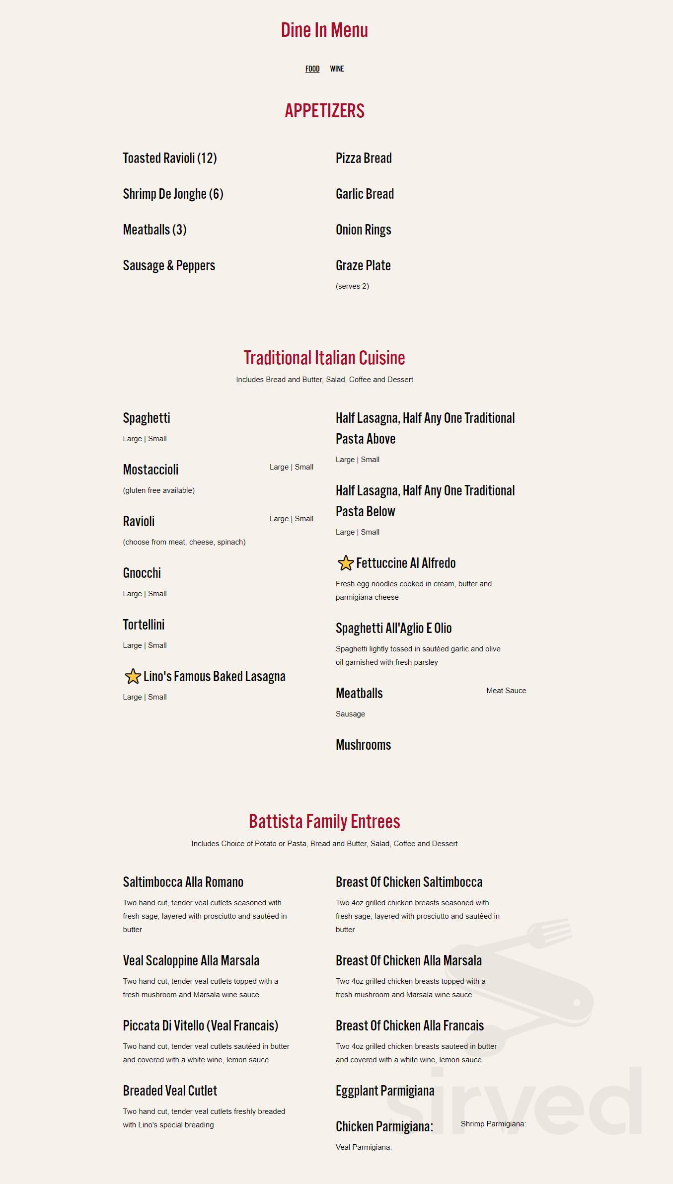Menu for Lino s in Rockford IL Sirved