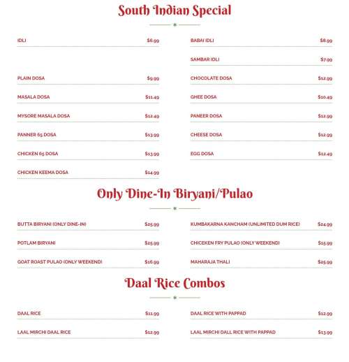 Chowrasta Indian Cuisine Ajax menu in Ajax, Ontario, Canada