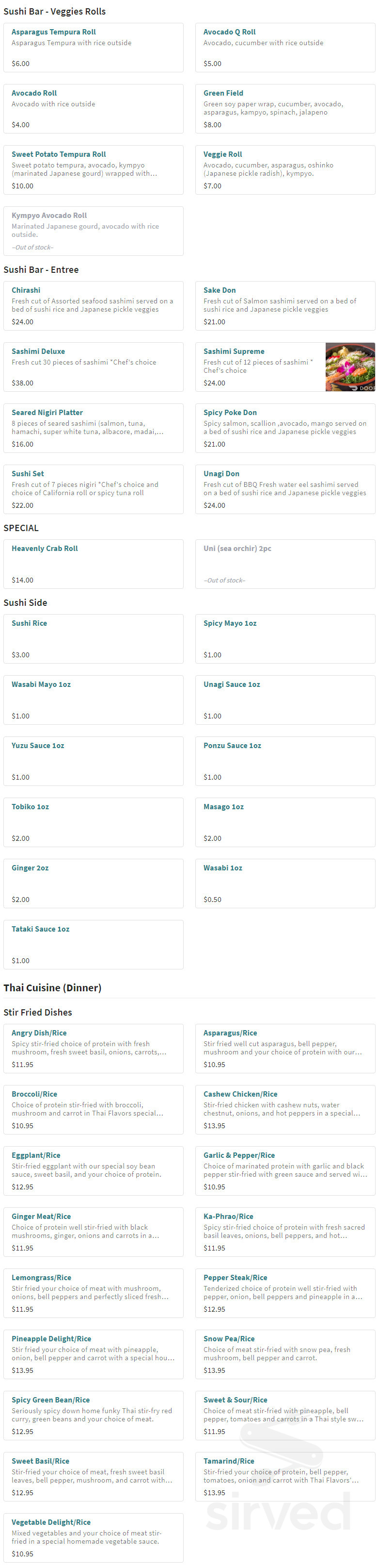 Thai Flavors menu in Des Moines, Iowa, USA