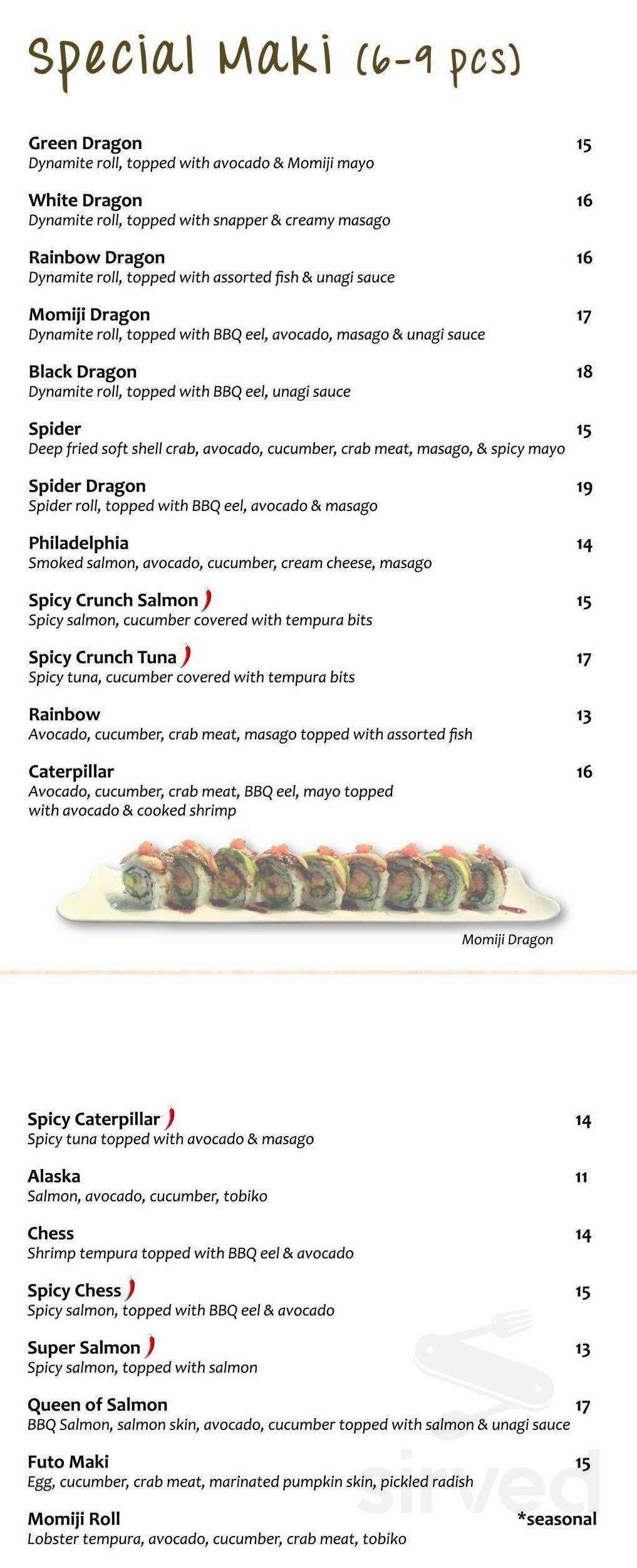 Momiji Japanese Restaurant menu in Etobicoke, Ontario, Canada