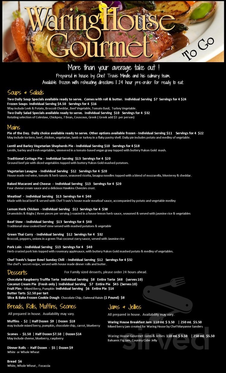 The Waring House Restaurant, Inn, Conference Centre & Cooker menu in Picton, Ontario