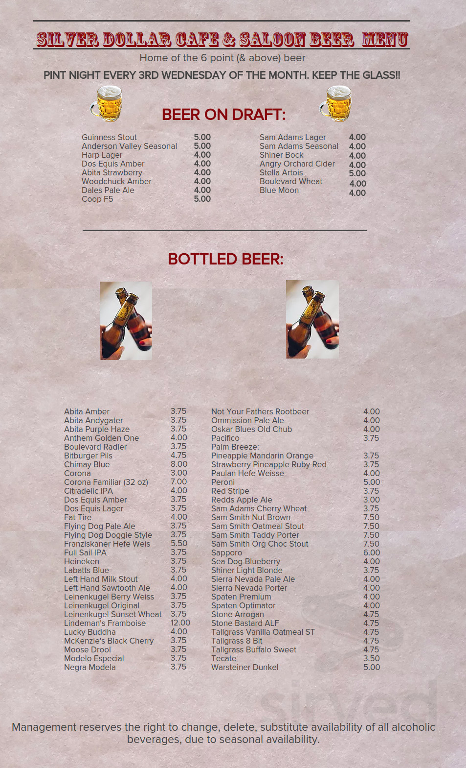 Silver Dollar Cafe drink menu in Collinsville, Oklahoma