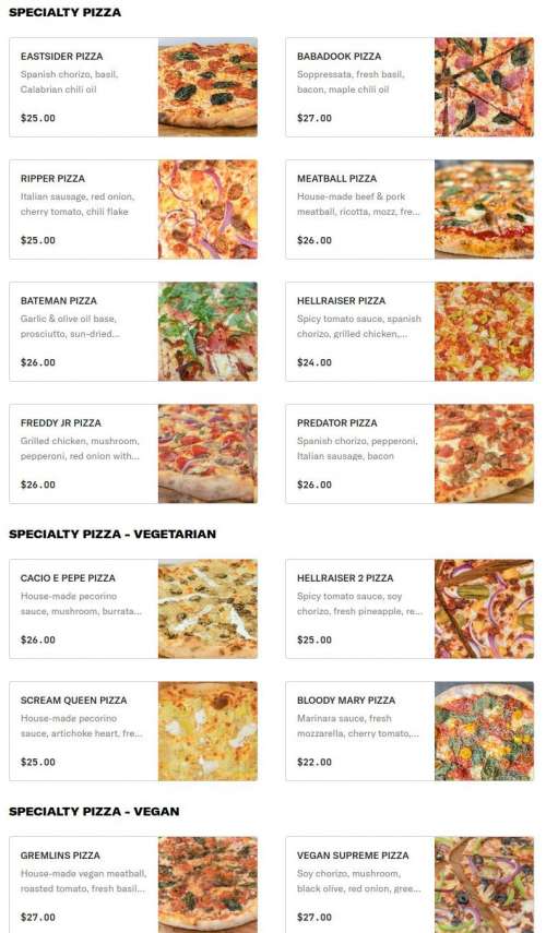 Slasher Pizza menu in Los Angeles, California, USA