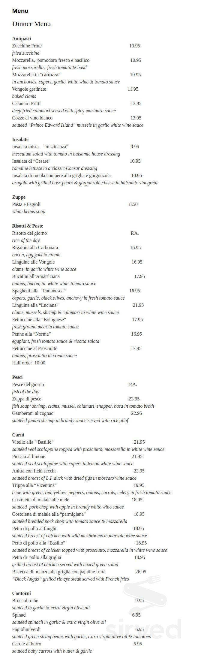 Basilio Inn menu in Staten Island, New York