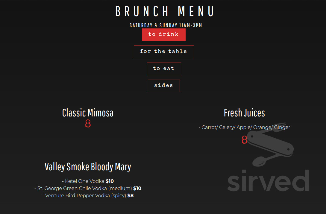 Valley Smoke Restaurant menu in Ponte Vedra Beach, Florida, USA