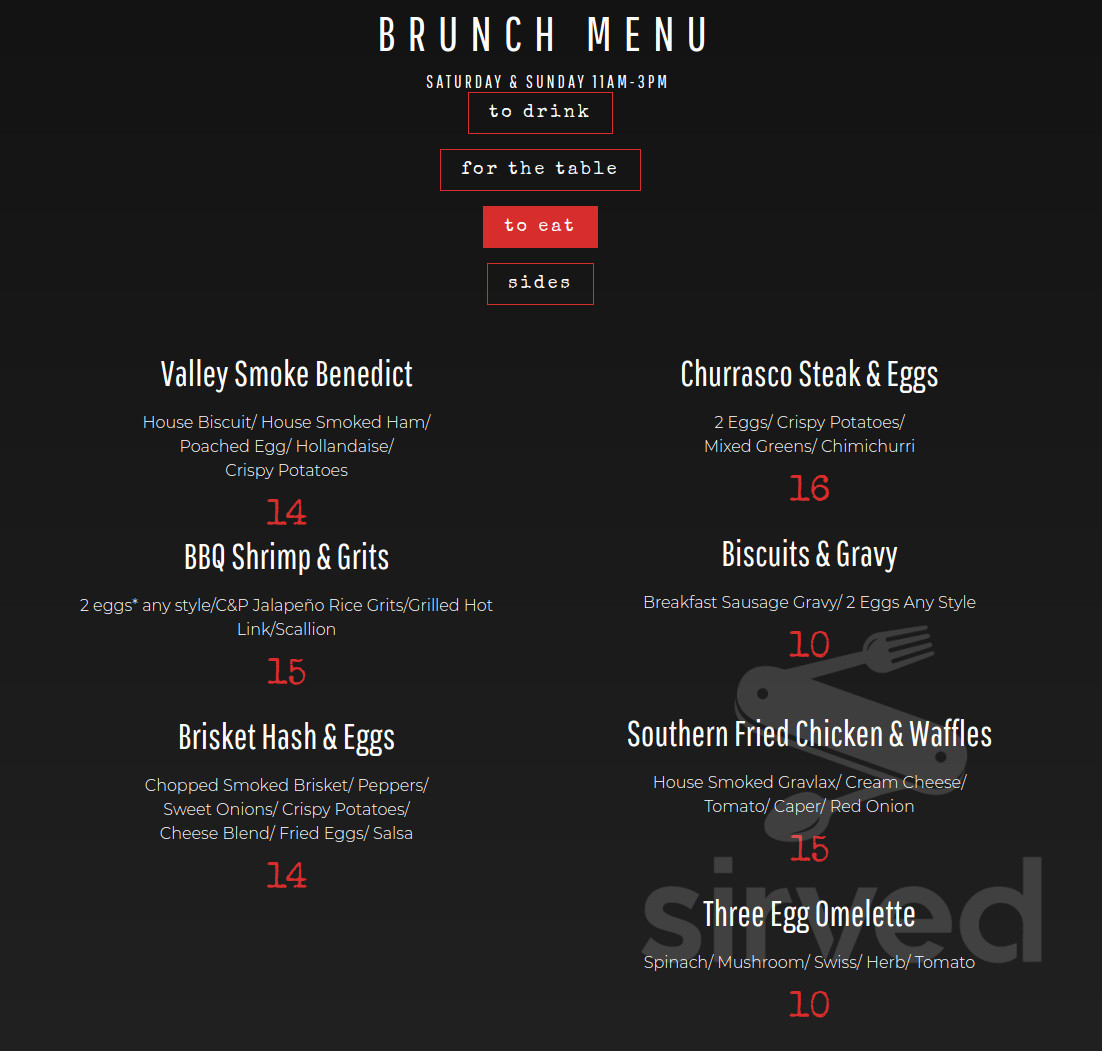 Menu Ponte Vedra Beach FL's Valley Smoke Restaurant Sirved