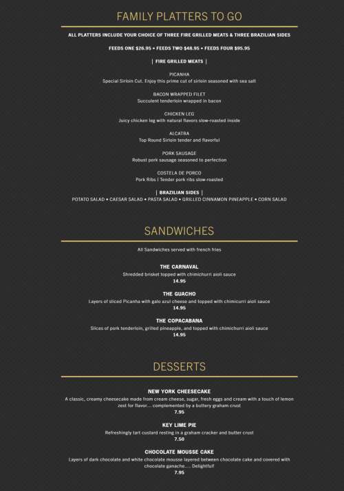 Rioz Brazilian Steakhouse menu in North Myrtle Beach, South Carolina, USA