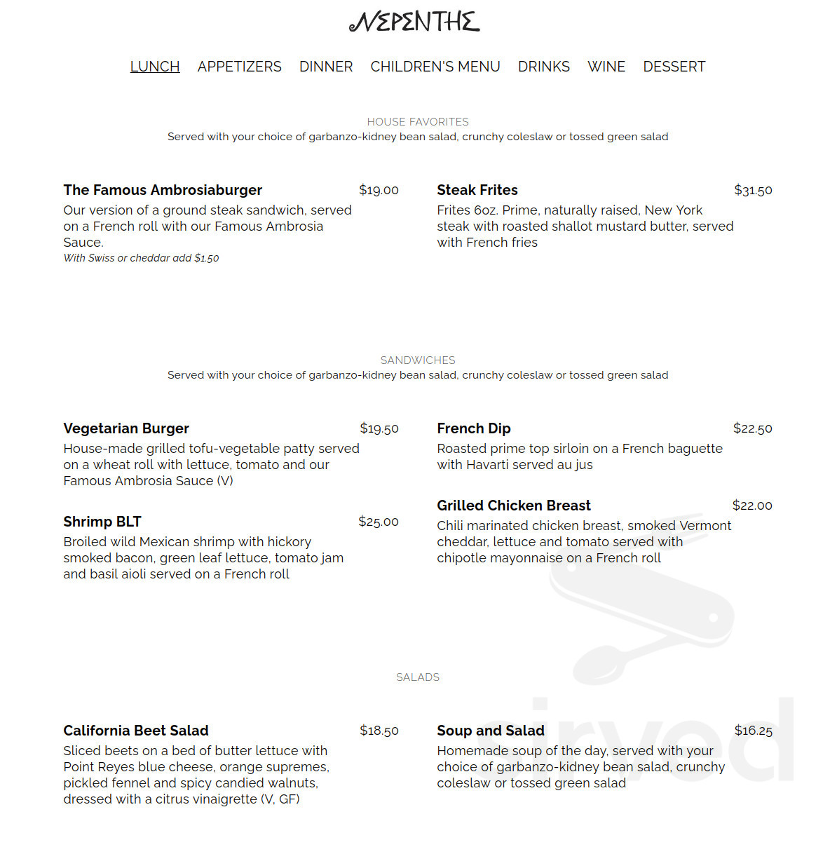 Menu for Nepenthe in Big Sur, CA Sirved