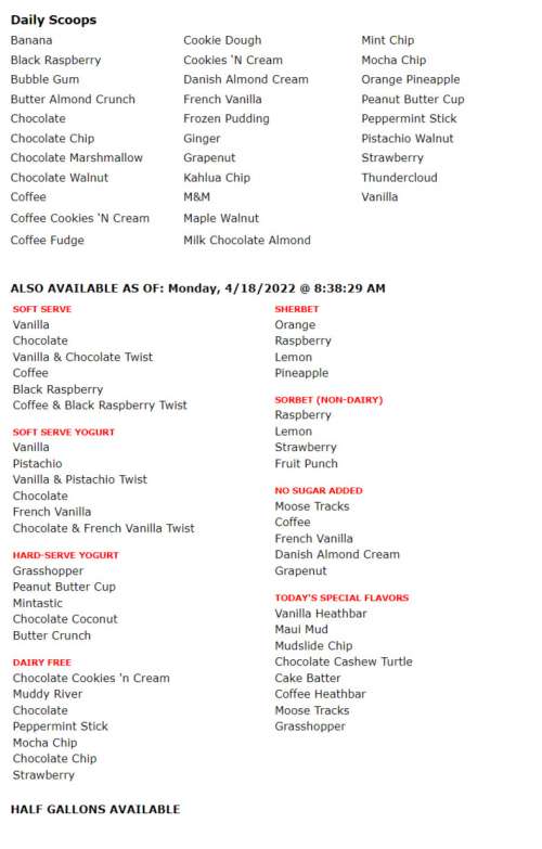 Hodgie's Ice Cream menu in Amesbury, Massachusetts, USA