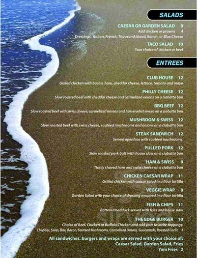 The Edgewater Bar and Grill menu in Peachland, British Columbia