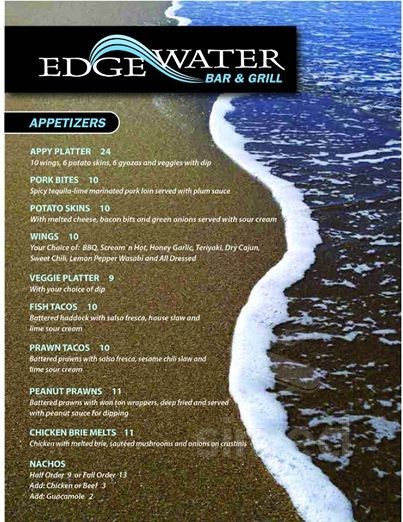 The Edgewater Bar and Grill menu in Peachland, British Columbia