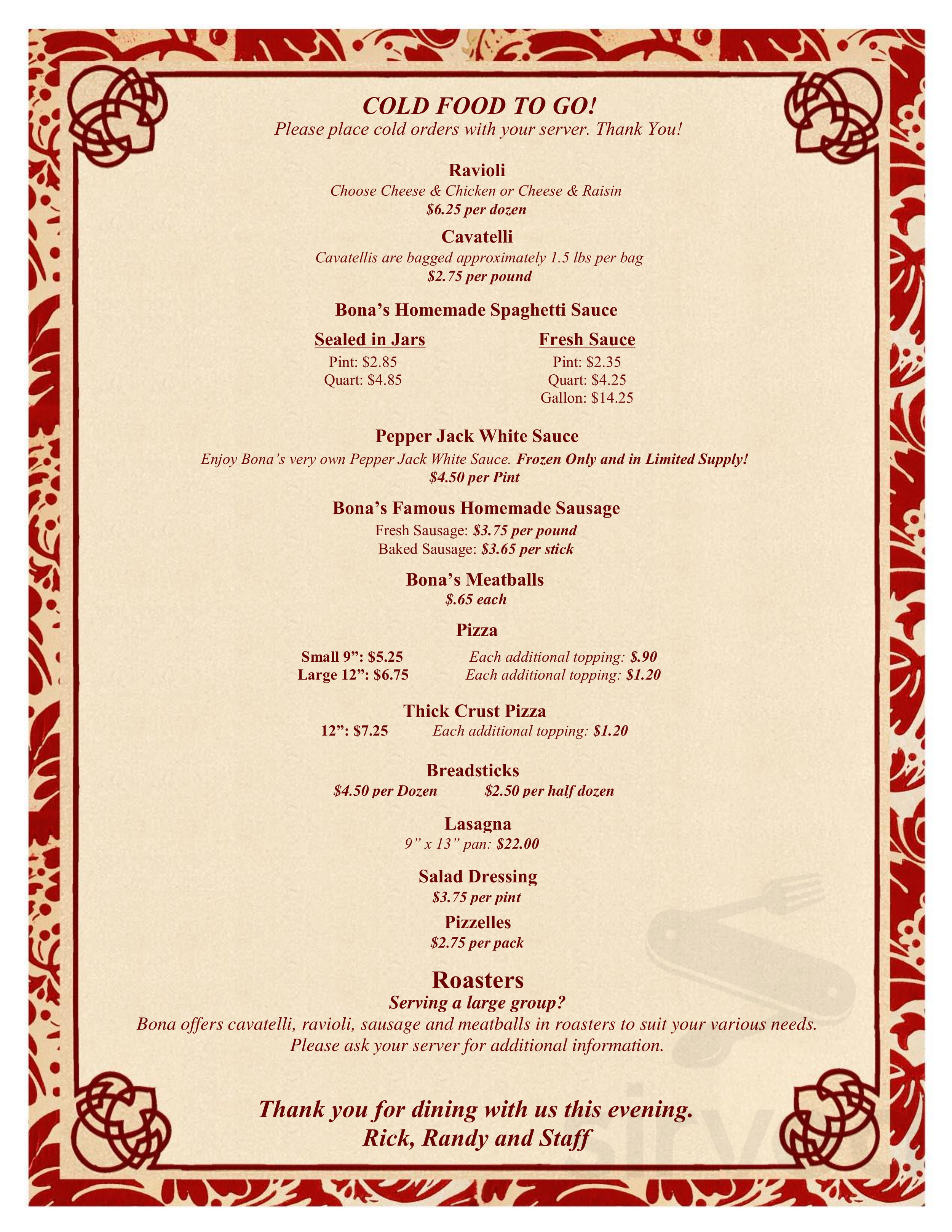 Bona Casa Foods Inc menus in Cumberland, Wisconsin, United States