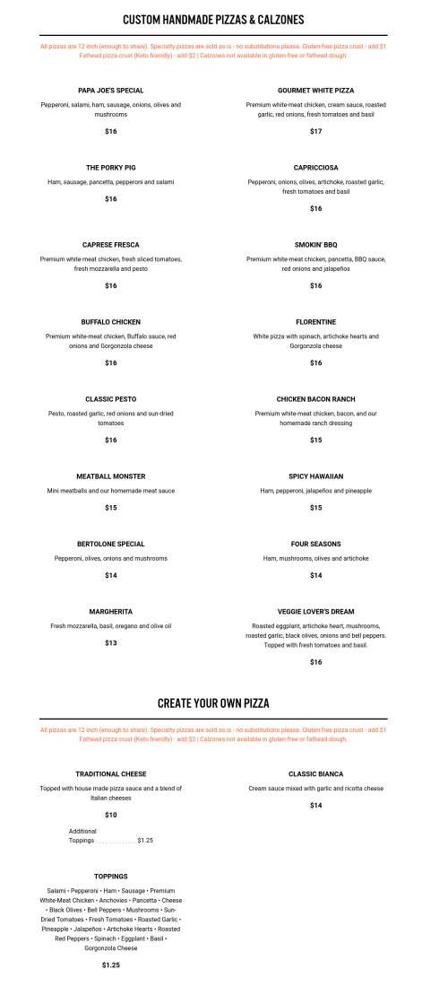 Bertolone's Classic Italian Restaurant menu in Calera, Alabama, USA