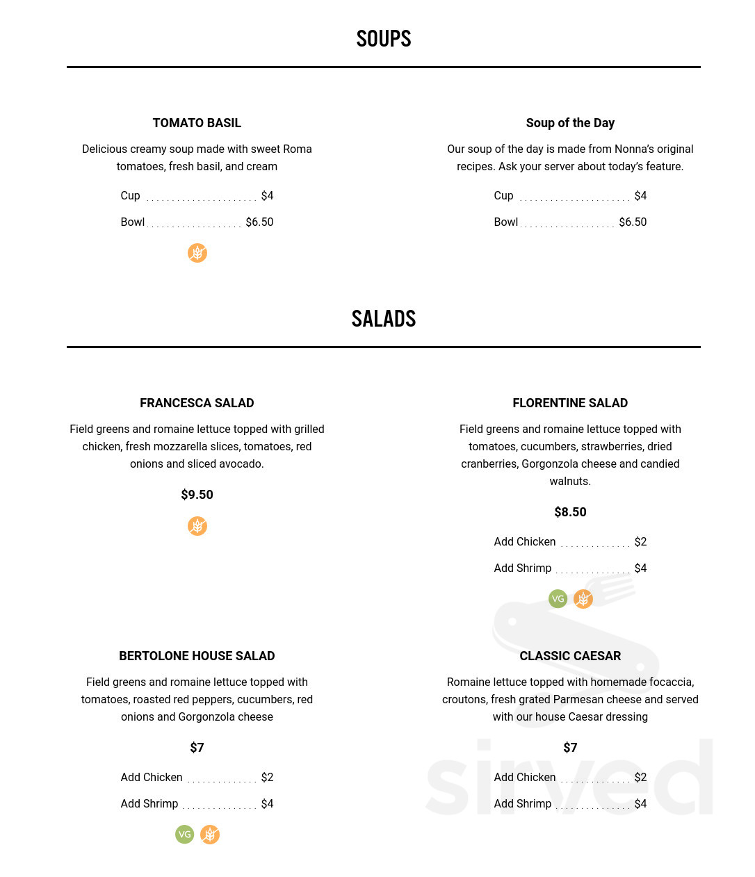 Bertolone's Classic Italian Restaurant menu in Calera, Alabama, USA