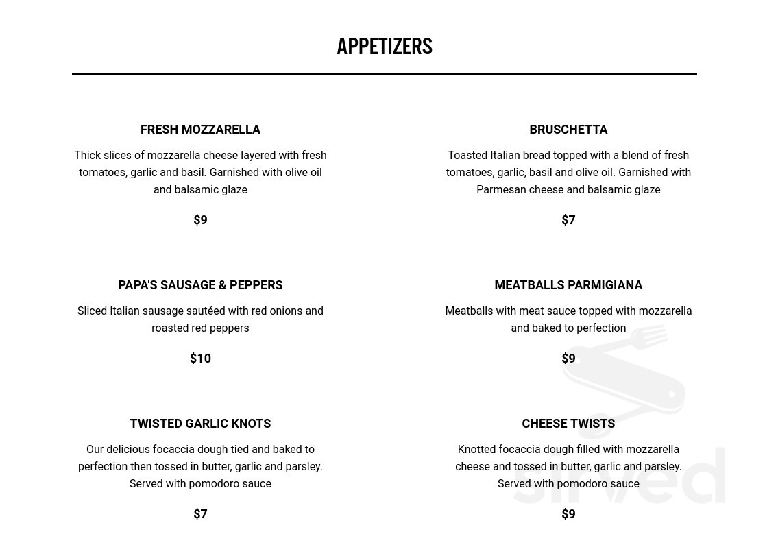 Bertolone's Classic Italian Restaurant menu in Calera, Alabama, USA