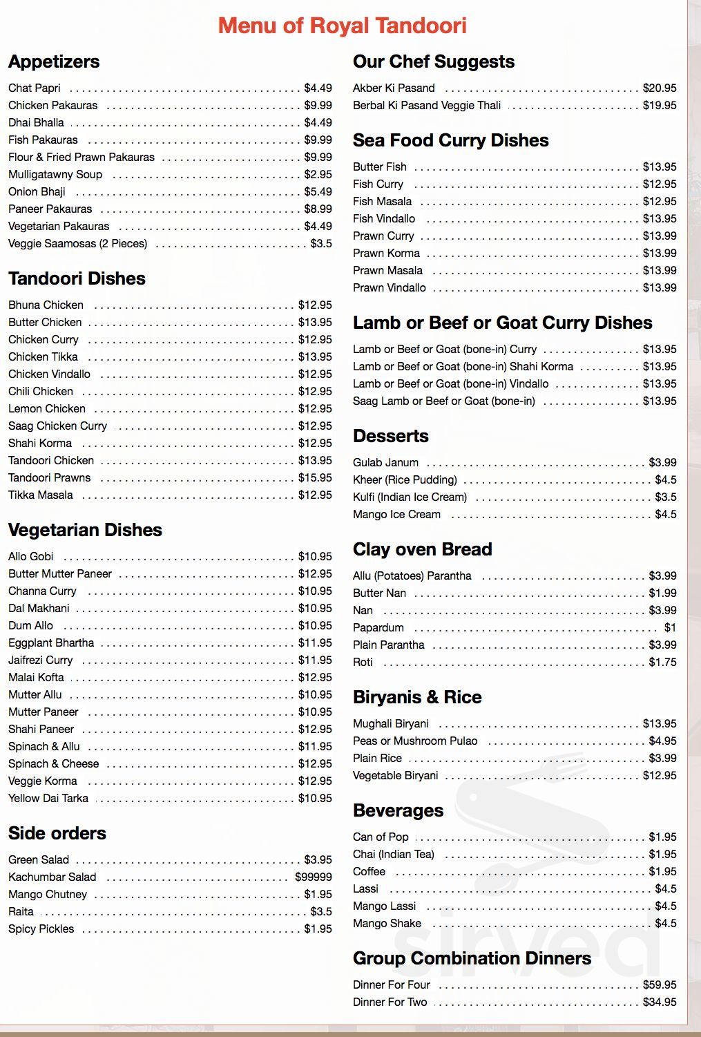 Royal Tandoori menu in New Westminster, British Columbia