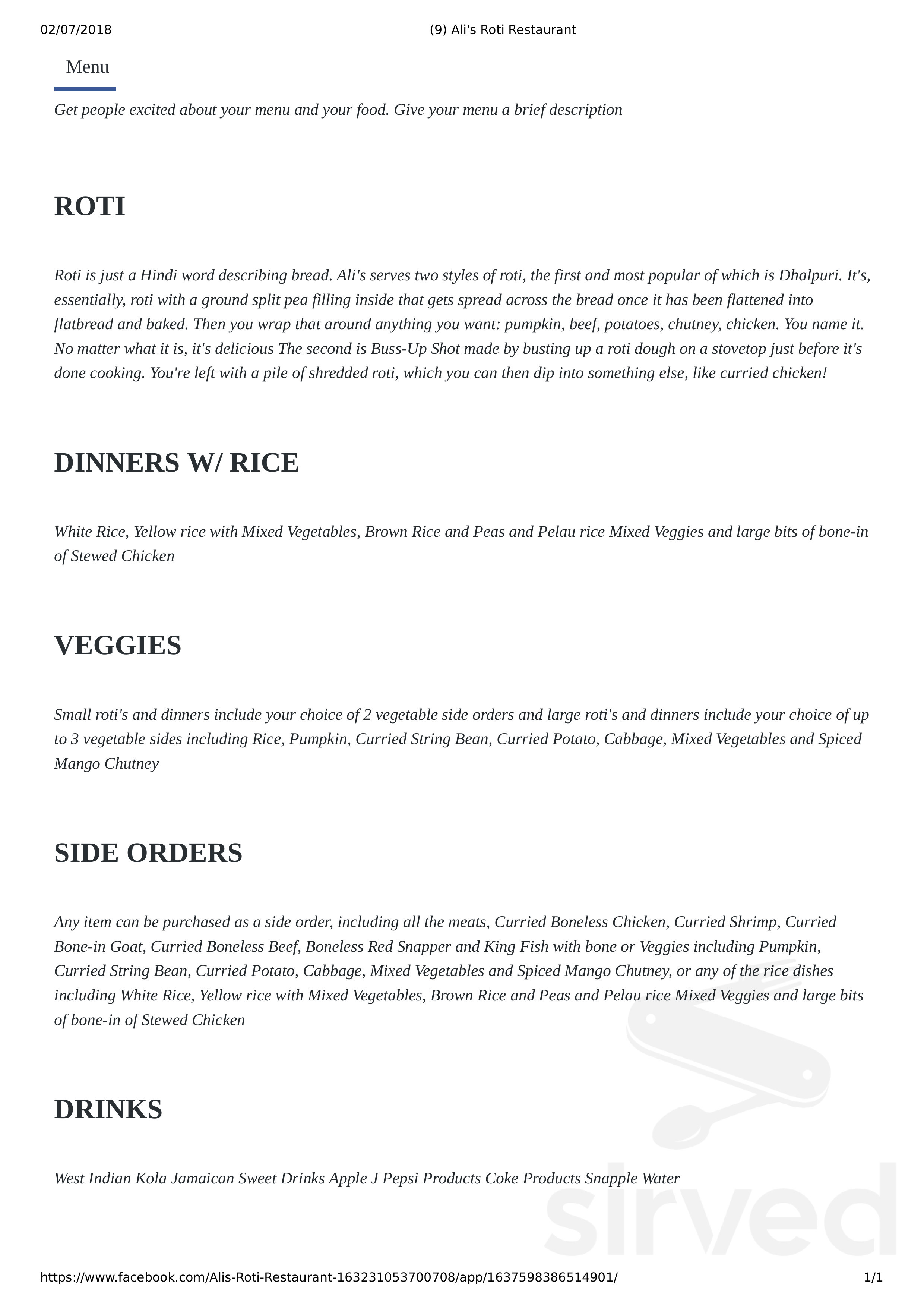 Ali Roti Menu Ali's Roti Restaurant menus in Mattapan, Massachusetts, United States