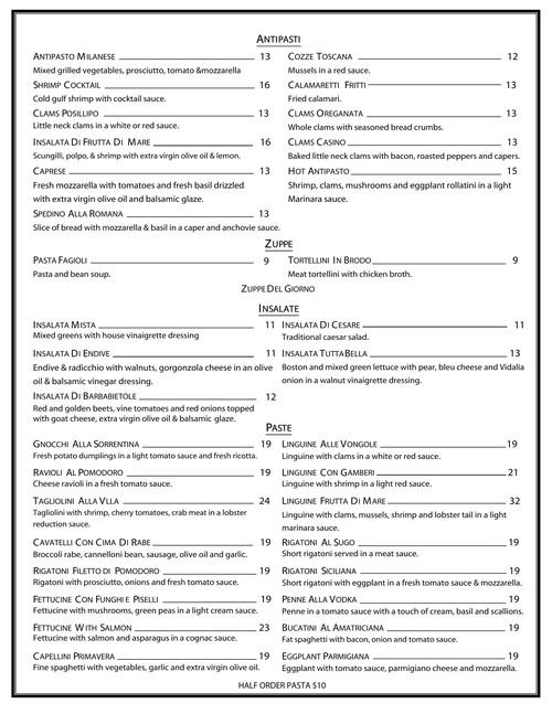 Tutta Bella menu in Scarsdale, New York, USA
