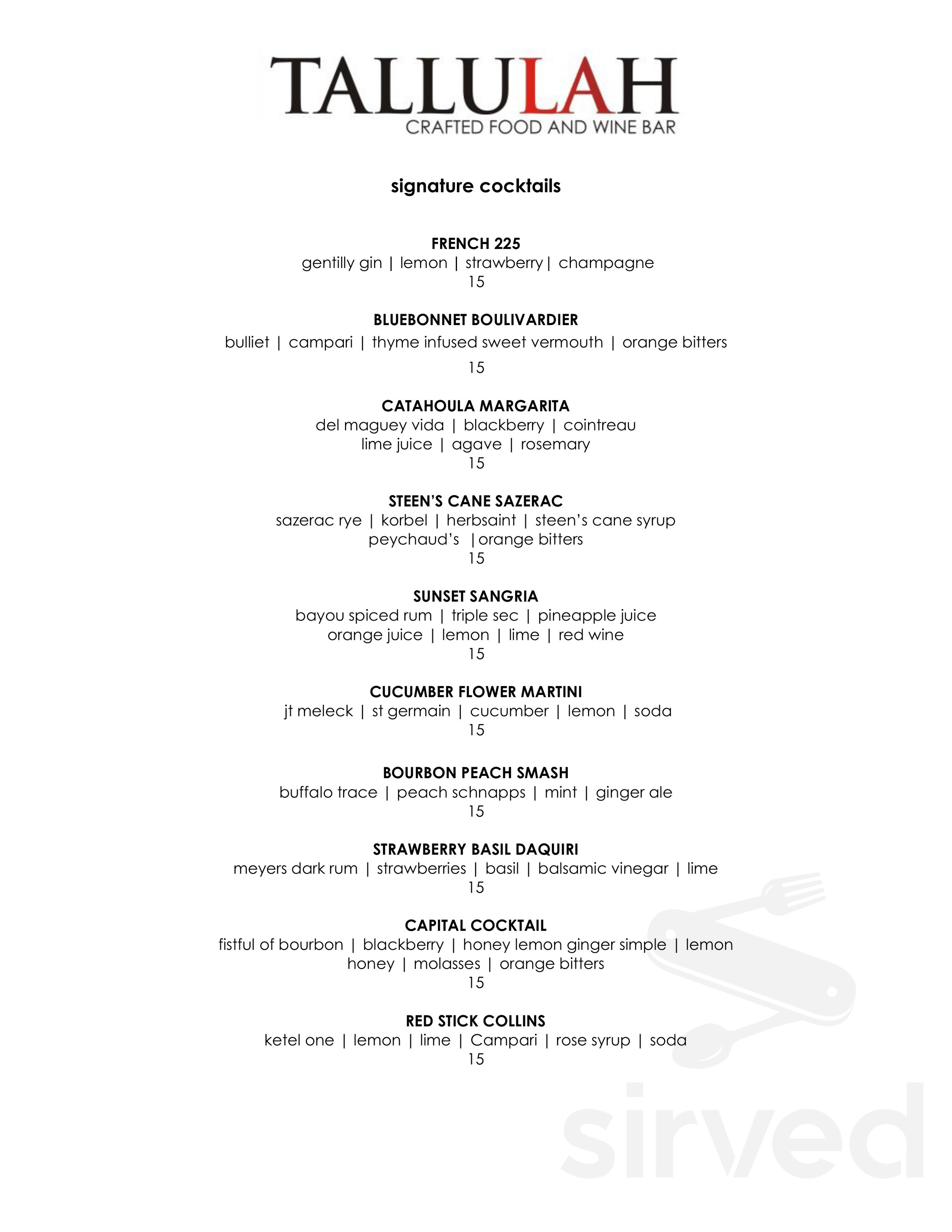 Tallulah Crafted Food and Wine Bar menu in Baton Rouge, Louisiana, USA