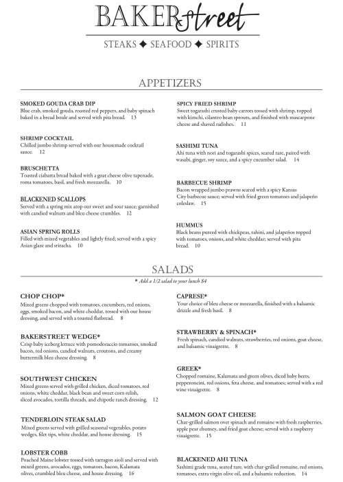 Baker Street Steakhouse menu in Fort Wayne, Indiana, USA