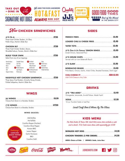 JJ's Red Hots menu in Charlotte, North Carolina, USA