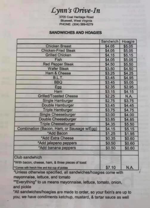 Lynns Drive Inn menu in Bluewell, West Virginia, USA