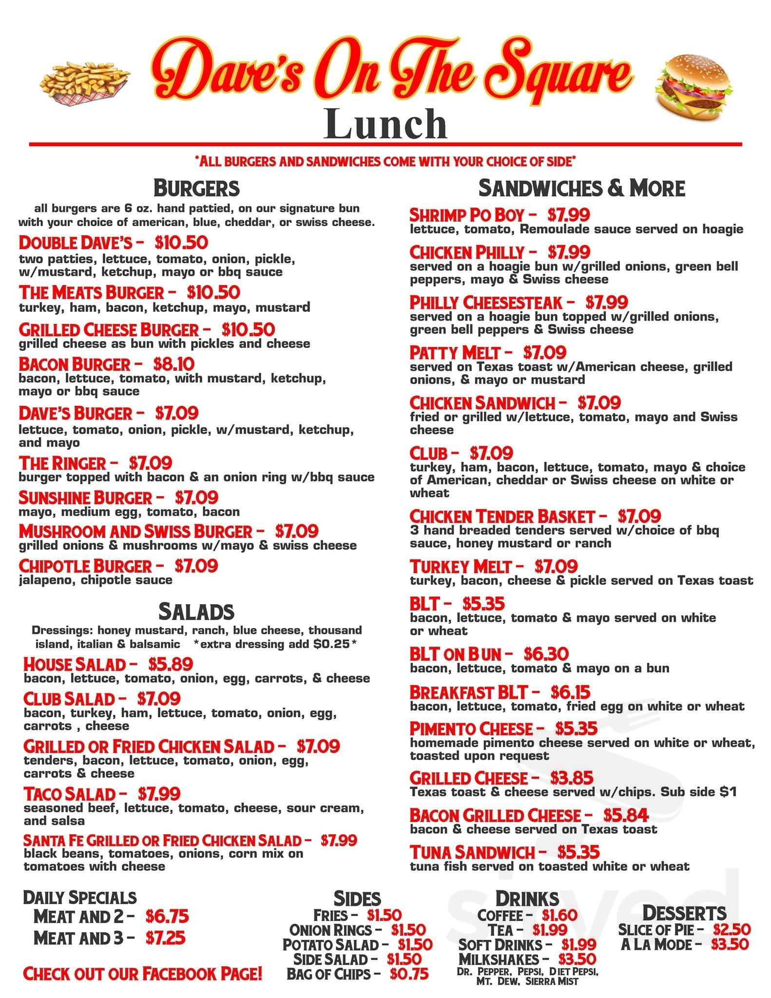 Dave's On The Square menu in Dyersburg, Tennessee, USA