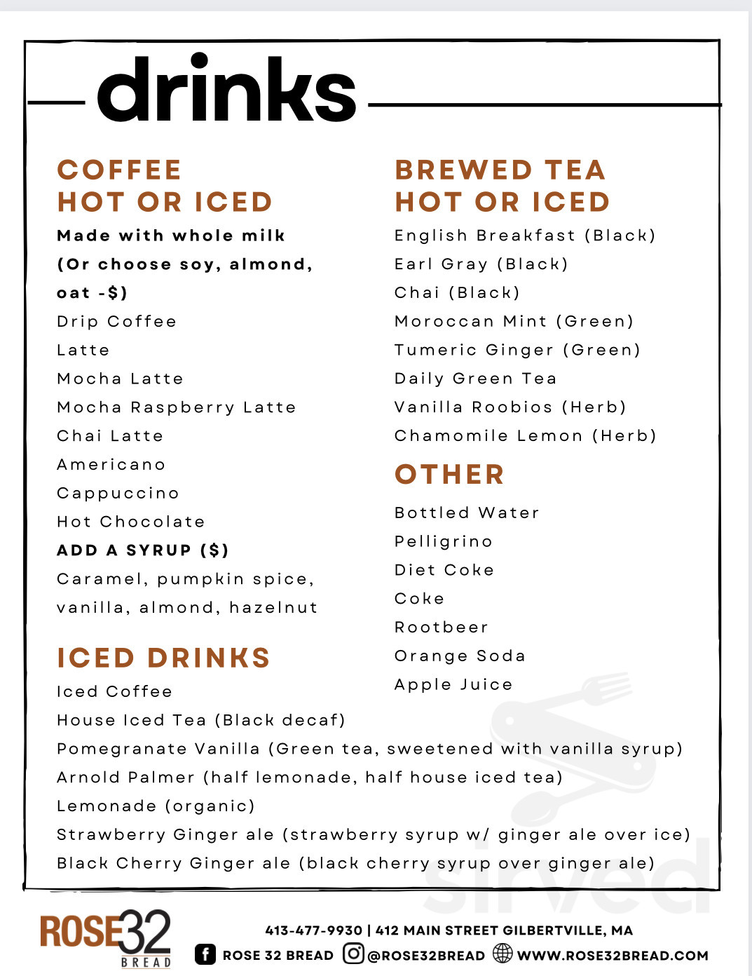 Rose 32 Bread menu in Gilbertville, Massachusetts, USA