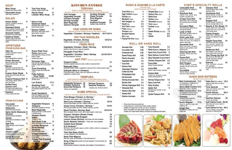 Kume menu in Topsham, Maine, USA