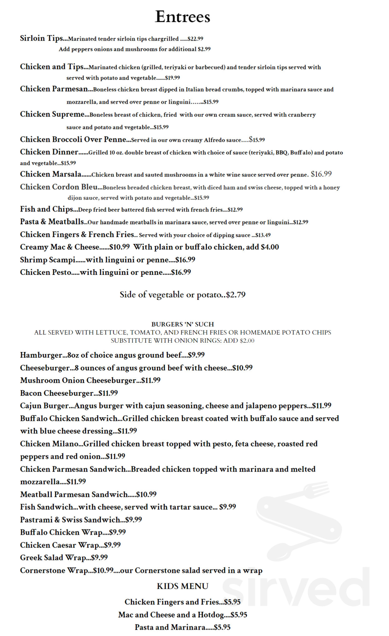 Cornerstones Pub & Grill menu in Carver, Massachusetts, USA