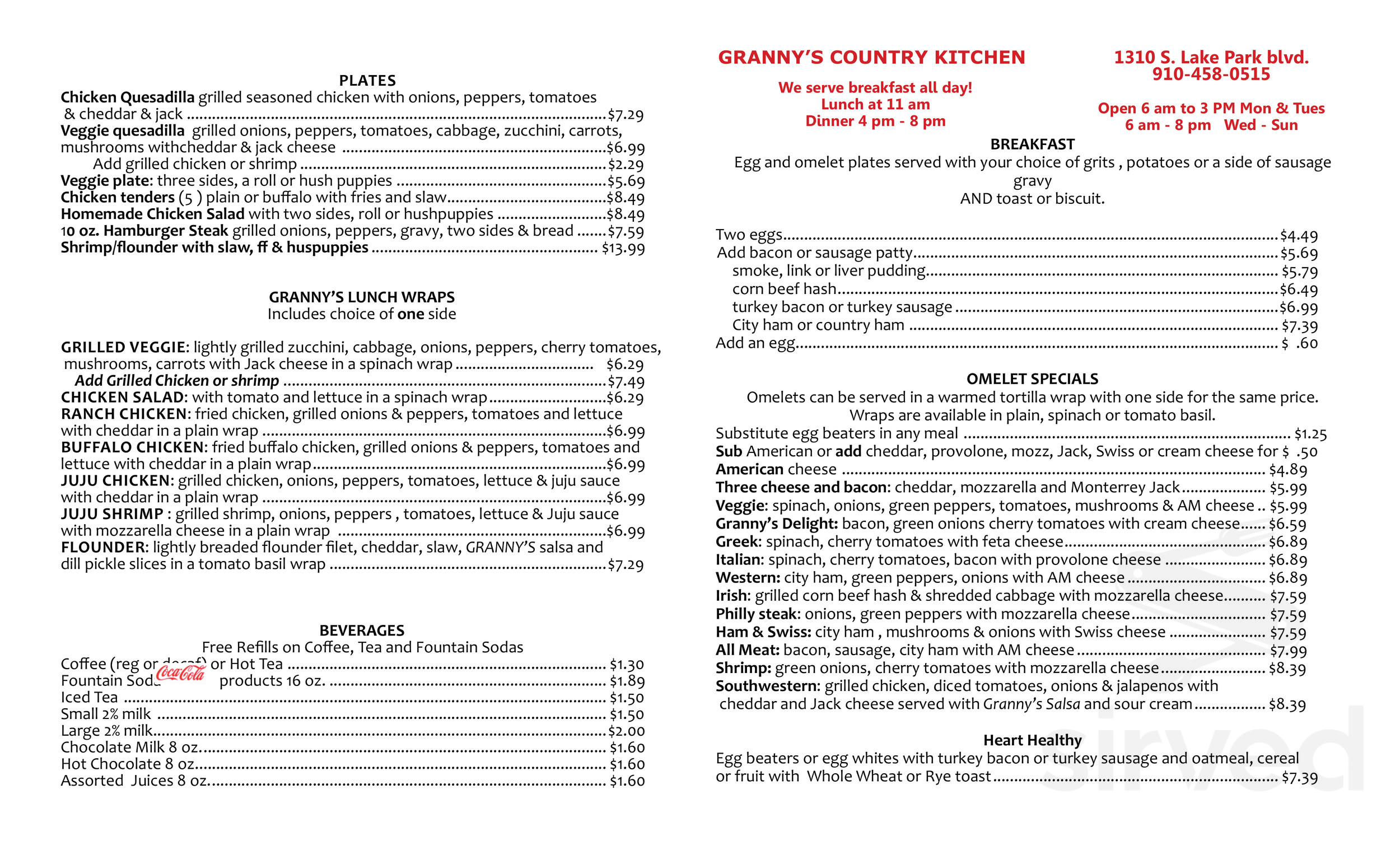 Menu for Granny's Country Kitchen (Carolina Beach) in Carolina Beach ...