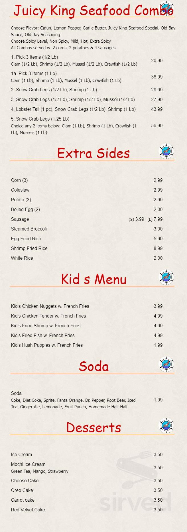 Menu for Juicy king seafood in Glen Burnie, Maryland, United States