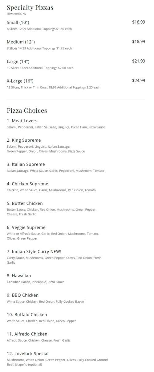 Lovelock Pizza menu in Hawthorne, Nevada, USA